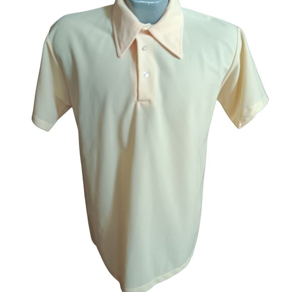 Large Vintage 1970's Polo Shirt Custom Casual Yellow Polyester Stretch Disco - Picture 2 of 5